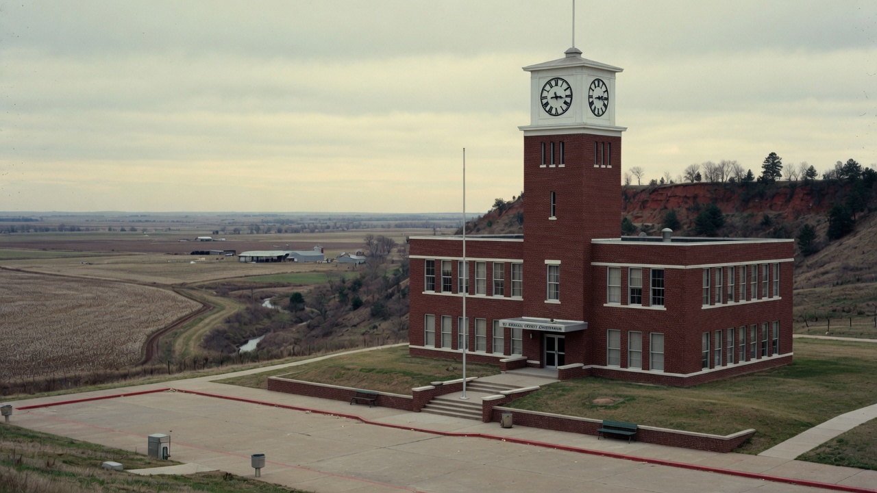St. Francis County, Arkansas — 1972 red-brick courthouse with clock tower at 313 South Izard, Forrest City civic hall on Crowley’s Ridge, east Arkansas Delta beyond, not St. Francis County Missouri. — educational cover