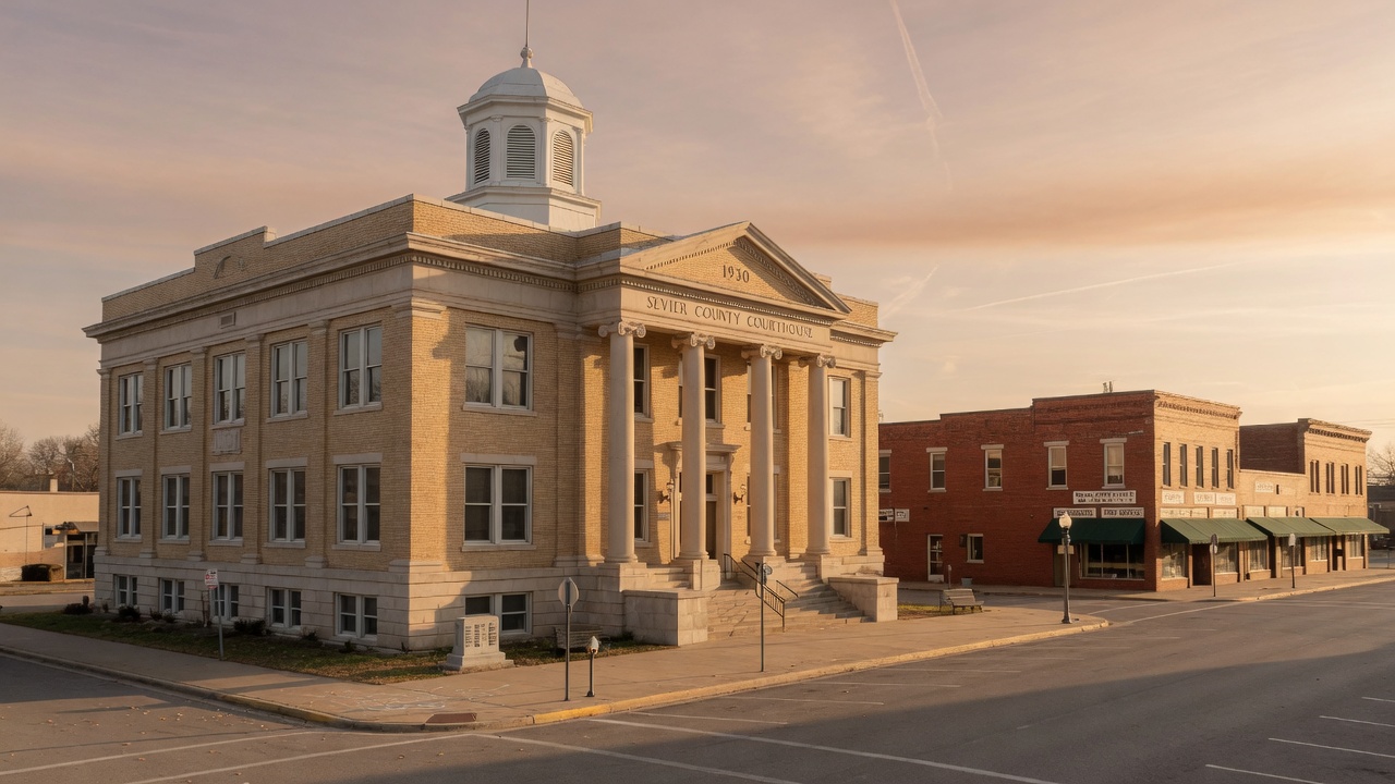 Sevier County, Arkansas — 1930 courthouse at 115 North 3rd Street, De Queen civic hall, not Sevierville Tennessee, not Lockesburg as this hall now, not Little Rock. — educational cover