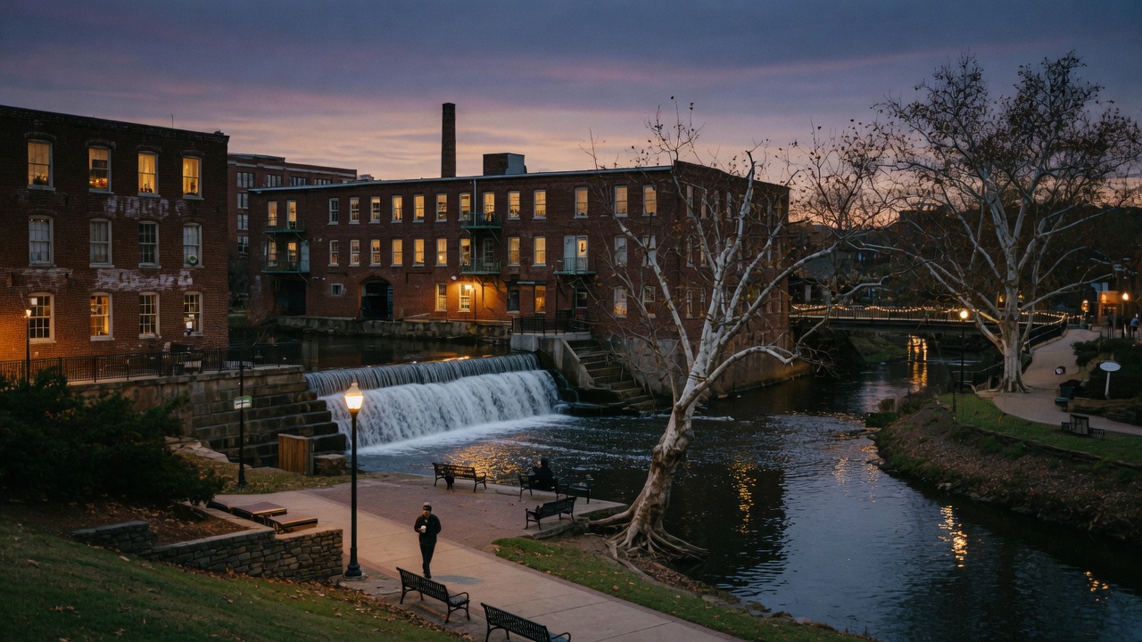 Upstate South Carolina downtown river — educational cover (regional illustration)