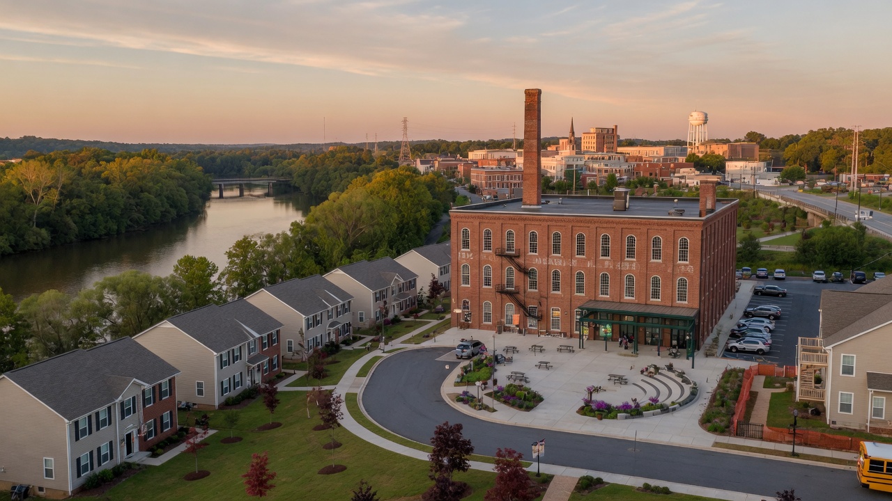 Northern South Carolina river and mill-town civic space — educational cover (regional illustration)
