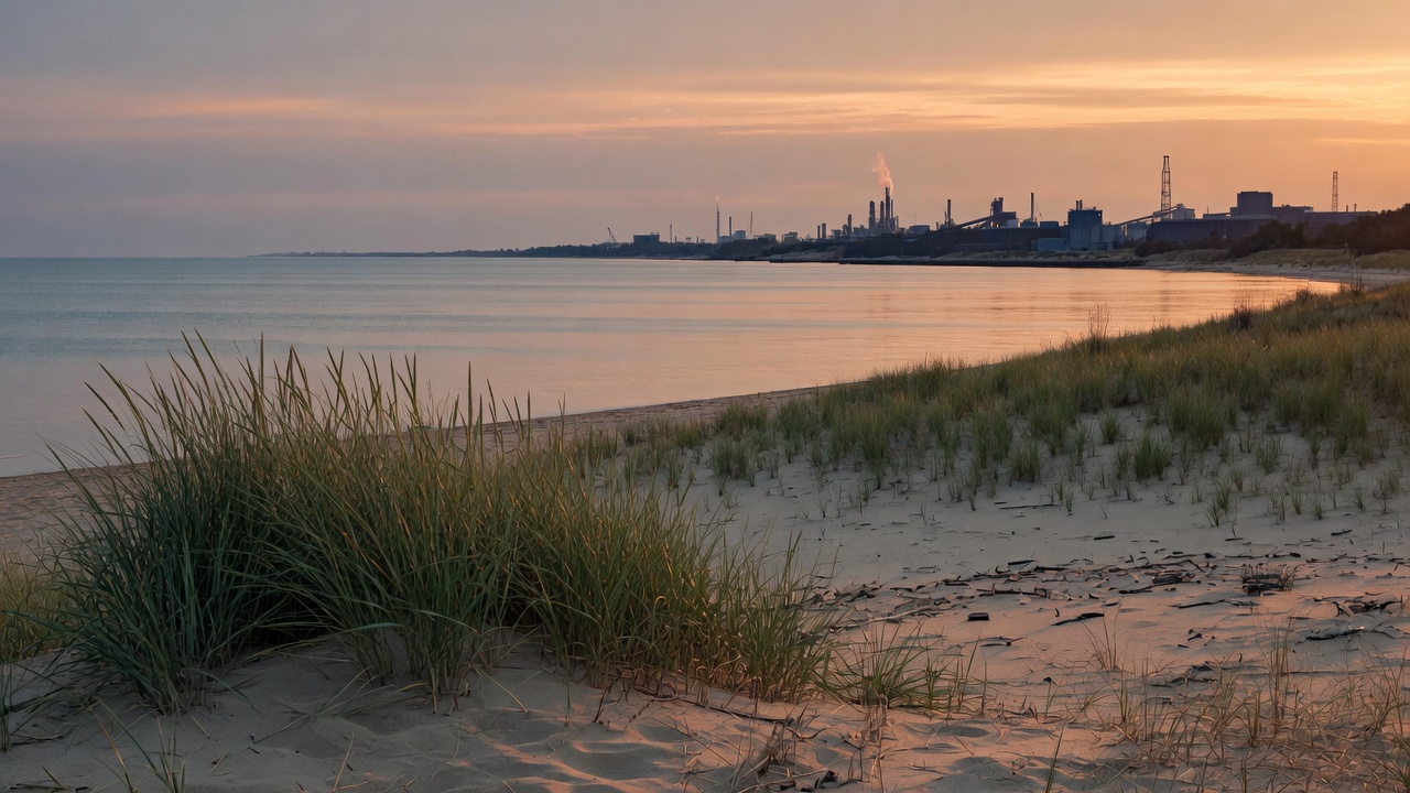 Indiana Dunes and the industrial lakeshore — educational cover (regional illustration)