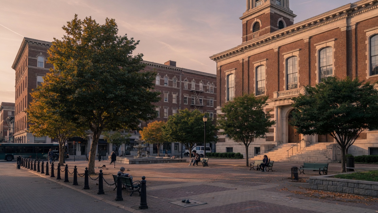 New Jersey city civic square — educational cover (regional illustration)