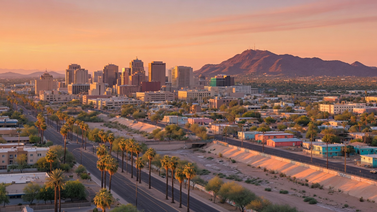 Downtown and south-central Phoenix skyline with South Mountain (regional illustration)