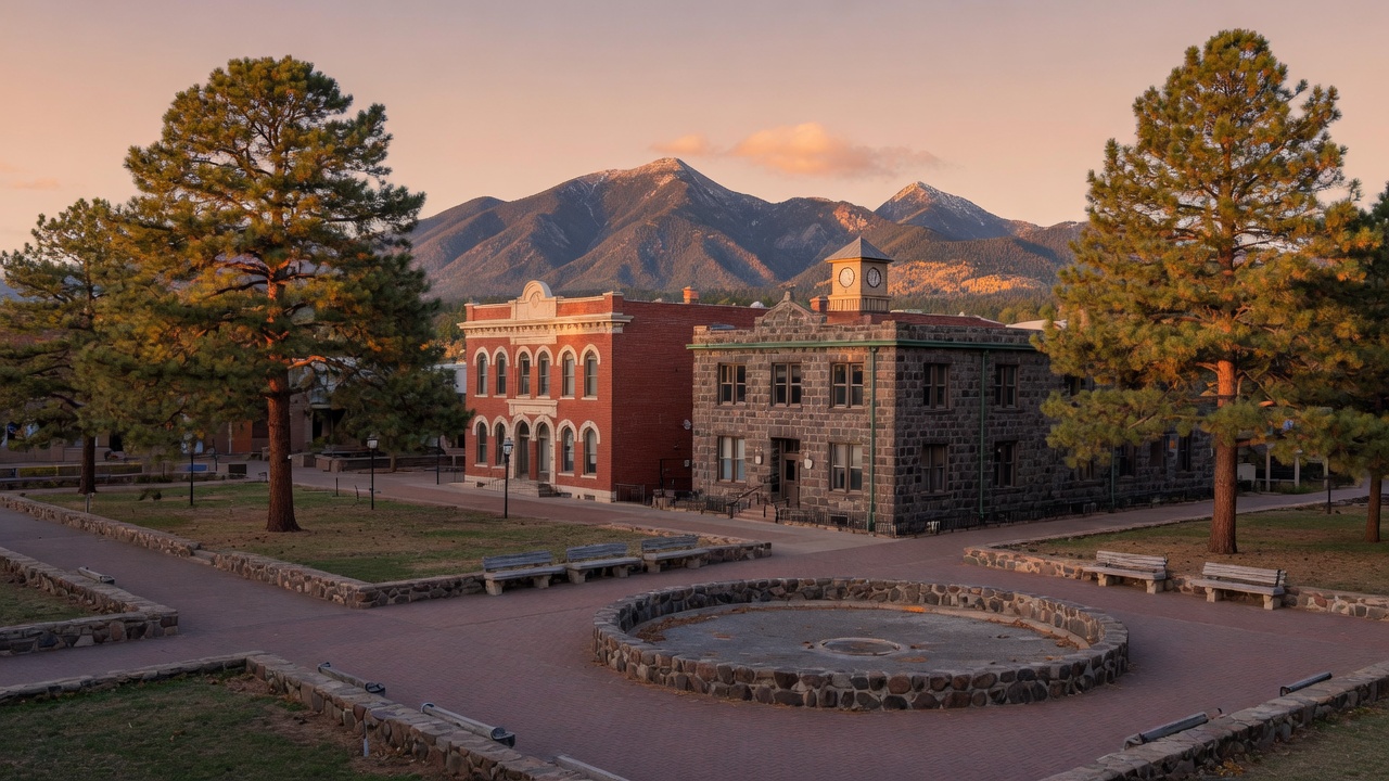 Mountain-town civic square under the Peaks (regional illustration)