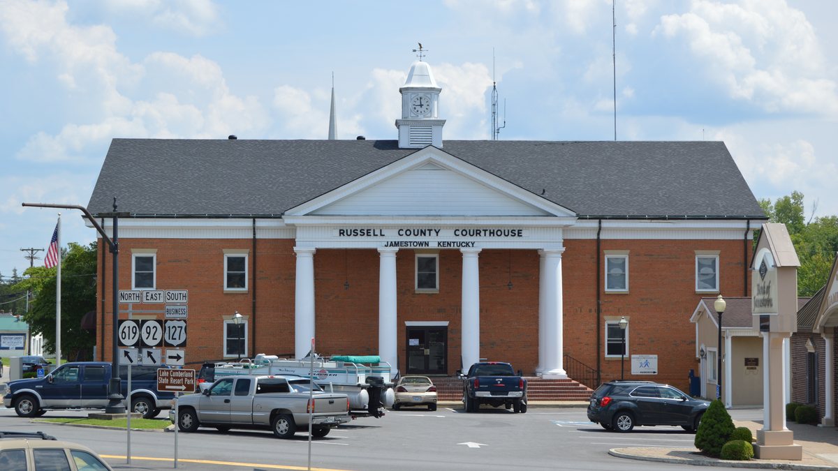 Educational briefing on the Office of the Sheriff for Russell County, Kentucky — Jamestown and its largest city is Russell Springs. — educational cover (regional illustration)