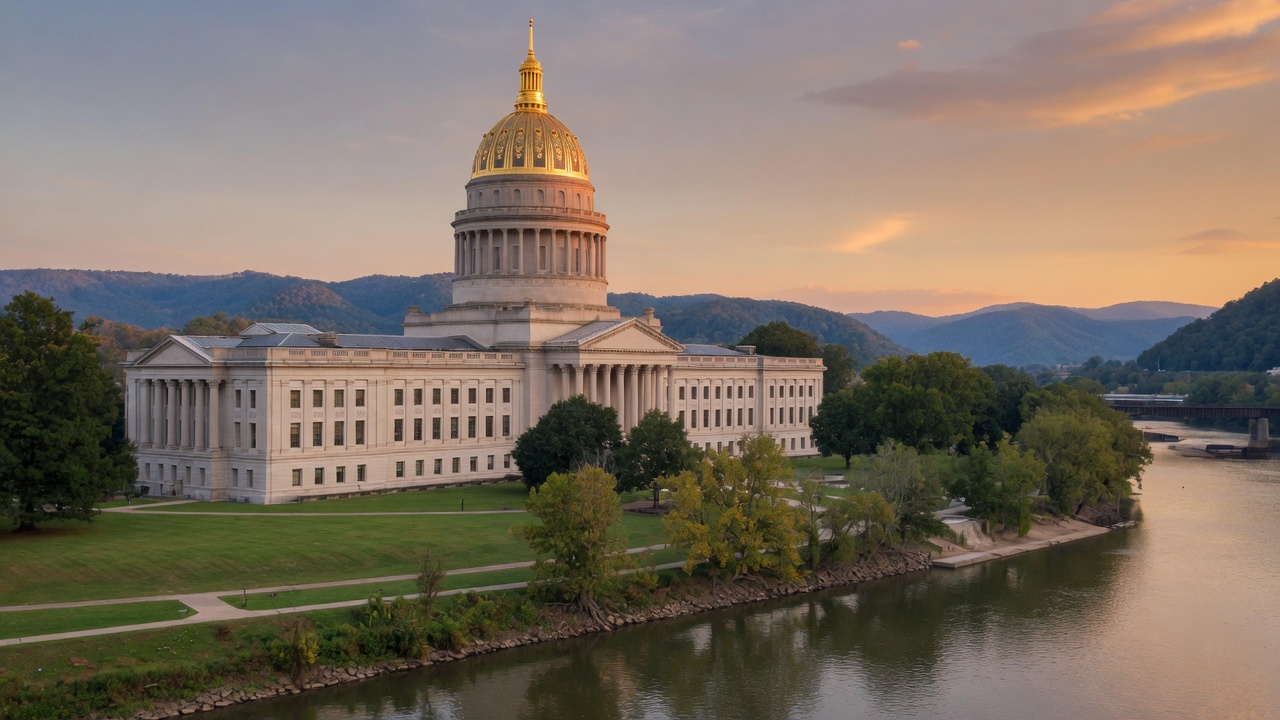 Charleston civic land on the Kanawha — educational cover (regional illustration of West Virginia)
