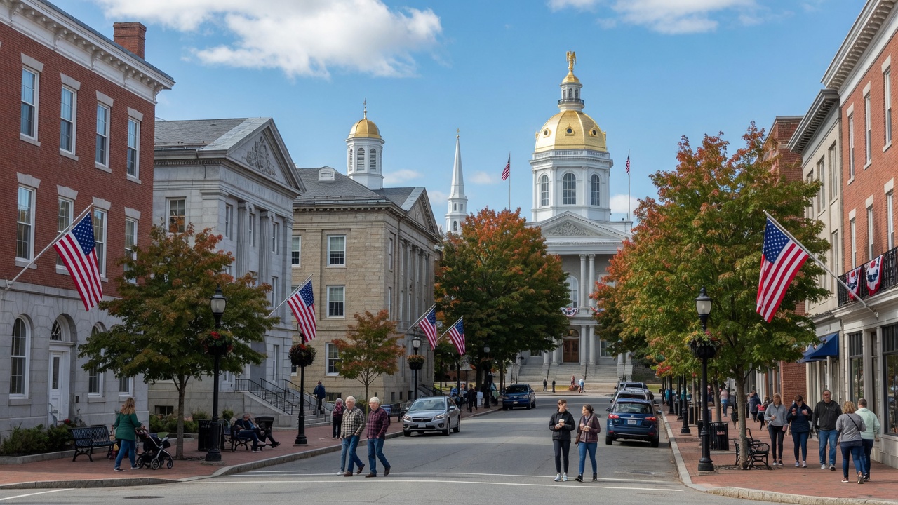 Concord civic plaza illustration — educational cover (regional illustration of New Hampshire)