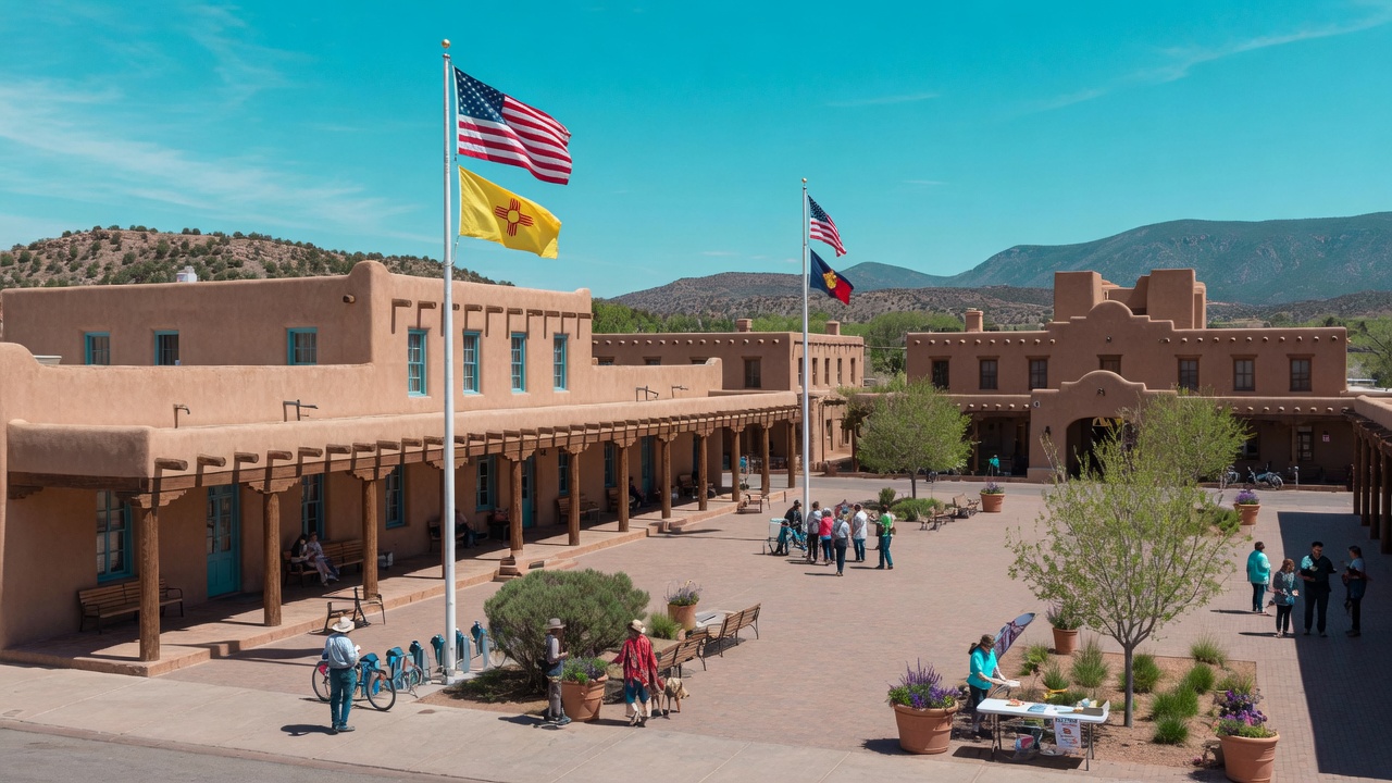 Santa Fe plaza illustration — educational cover (regional illustration of New Mexico)