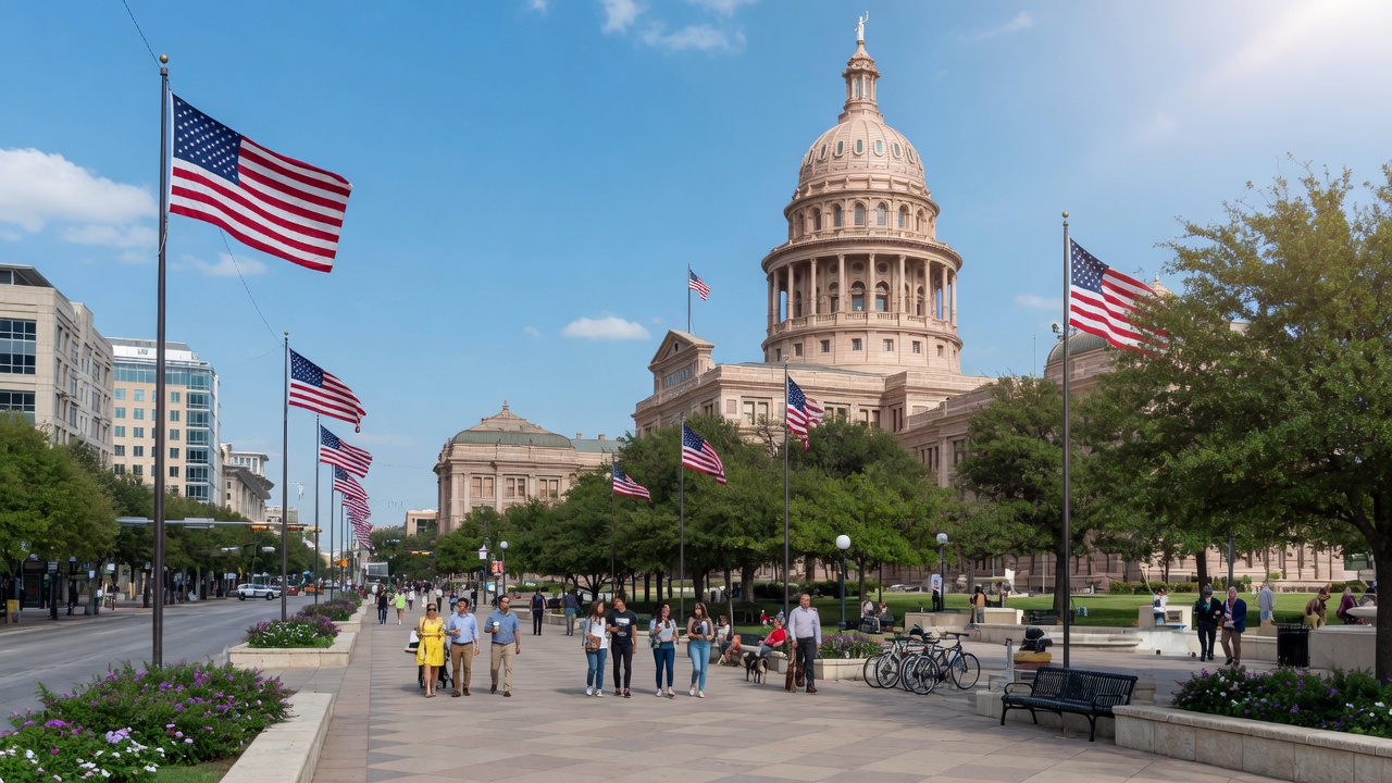 Civic plaza illustration — educational cover (regional illustration of Texas)