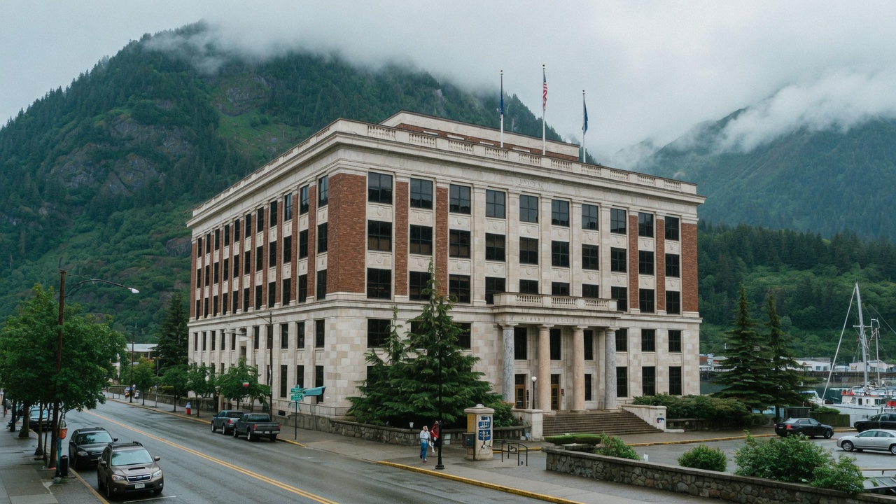 Juneau capitol on the channel — educational cover (regional illustration of Alaska)