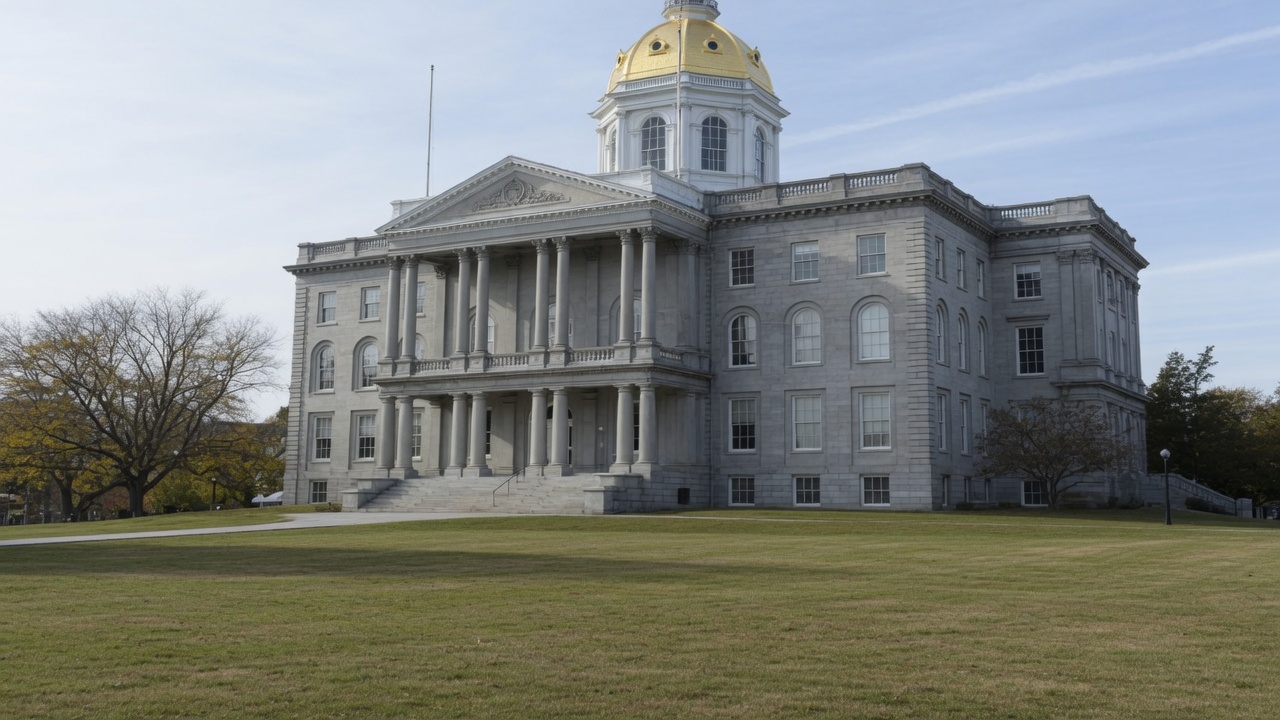 Gold-dome granite State House — educational cover (regional illustration of New Hampshire)