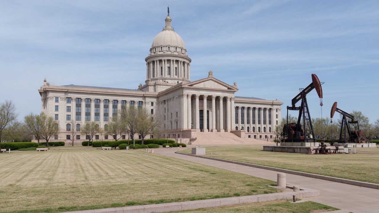 Capitol and oil-country civic — educational cover (regional illustration of Oklahoma)