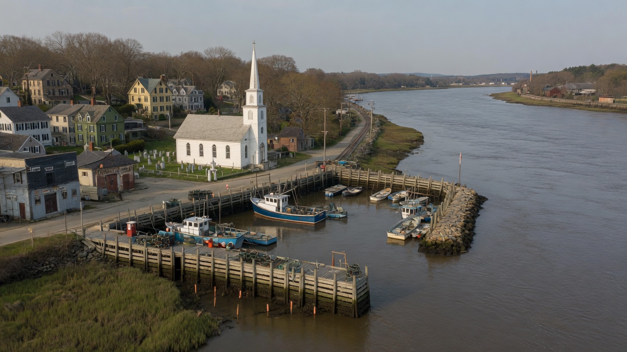 Shore-and-river civic land — educational cover (regional illustration of Connecticut)