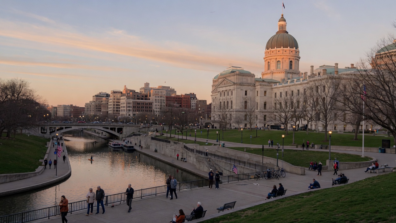 White River canal at Indianapolis looking toward the Statehouse dome — educational cover (regional illustration of Indiana)