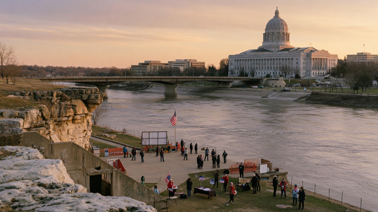 Missouri River at the Jefferson City bluff looking toward the capitol dome — educational cover (regional illustration of Missouri)