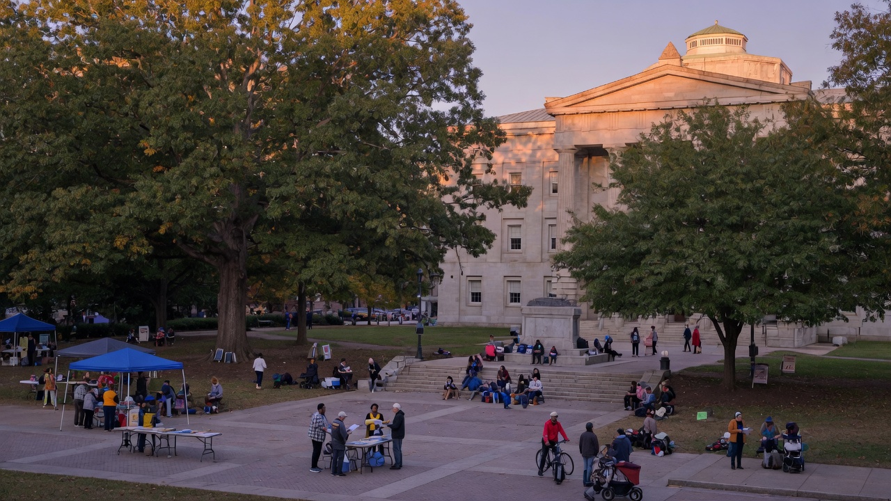 Union Square Raleigh civic gathering at the Greek Revival capitol — educational cover (regional illustration of North Carolina)