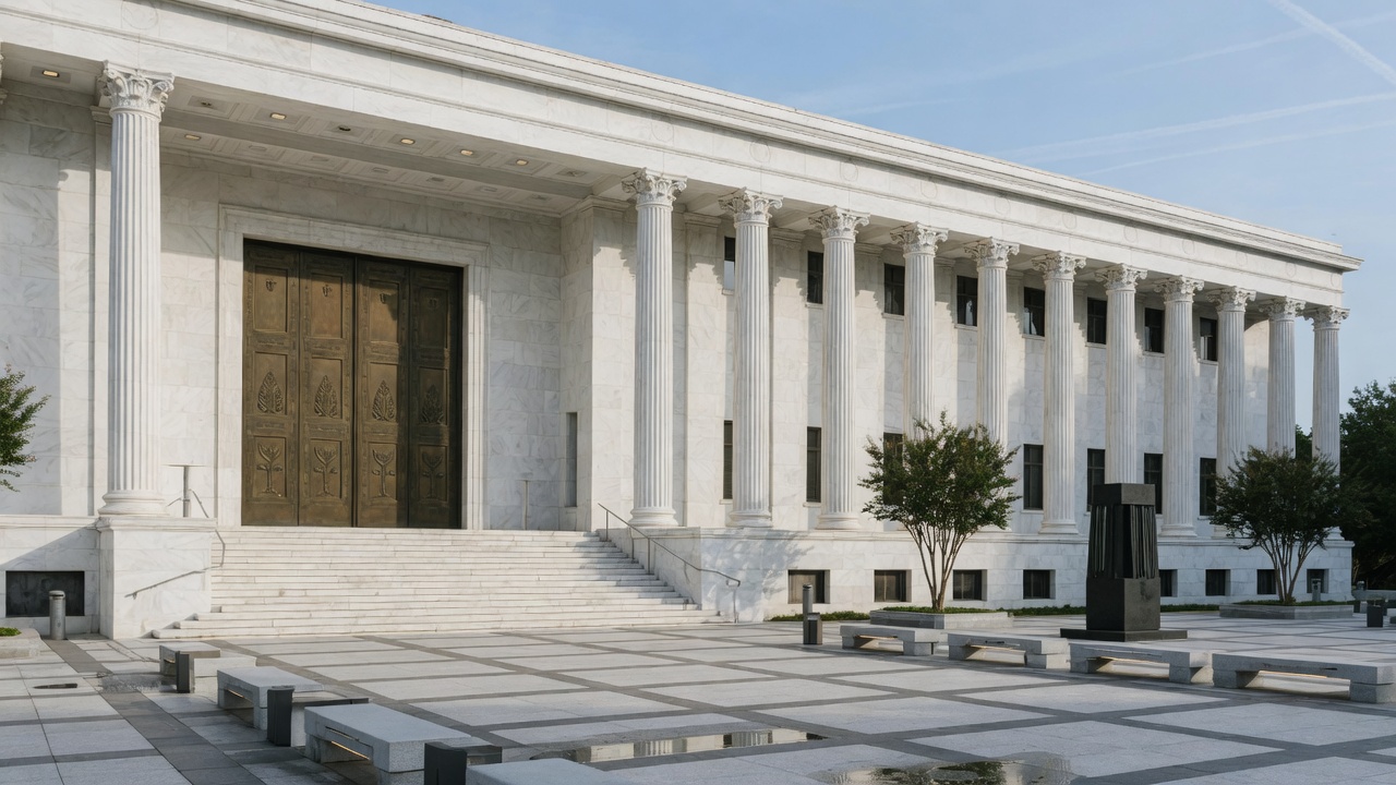 Living marble colonnade — educational cover (justice civic, American Future Type)