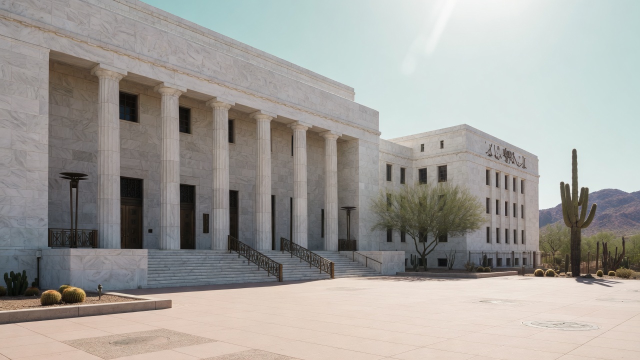 Desert-light colonnade — educational cover (justice civic, American Future Type)
