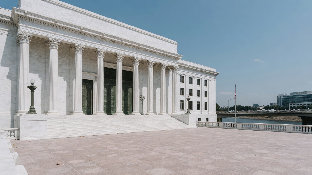 River-city colonnade — educational cover (justice civic, American Future Type)