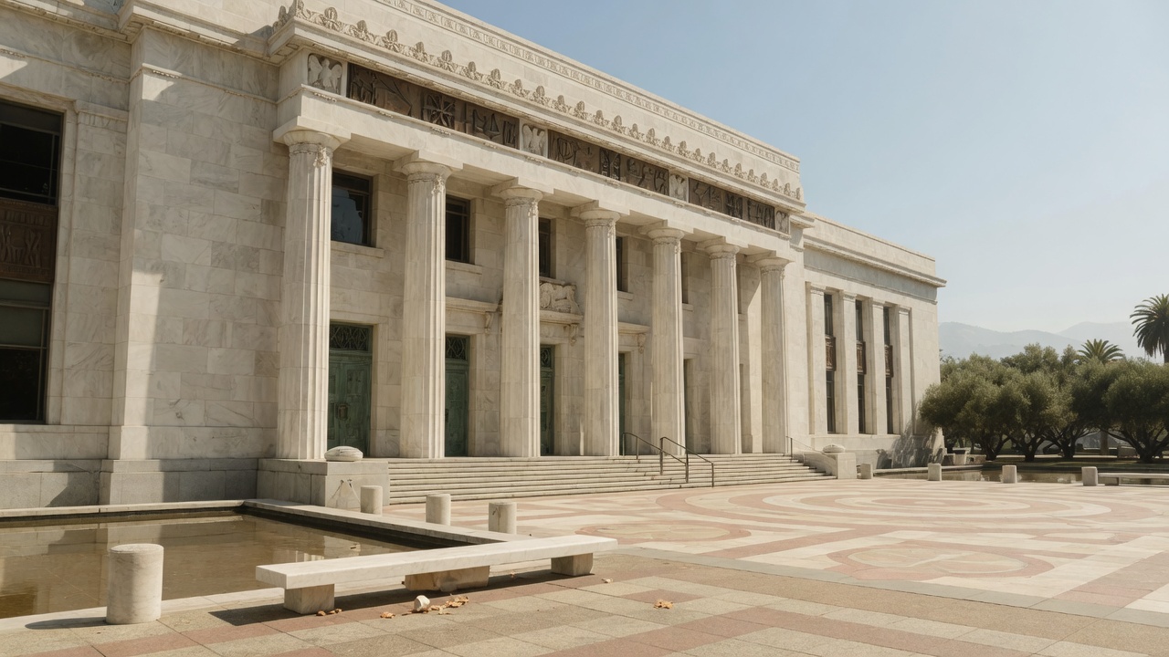 Valley-light colonnade — educational cover (justice civic, American Future Type)