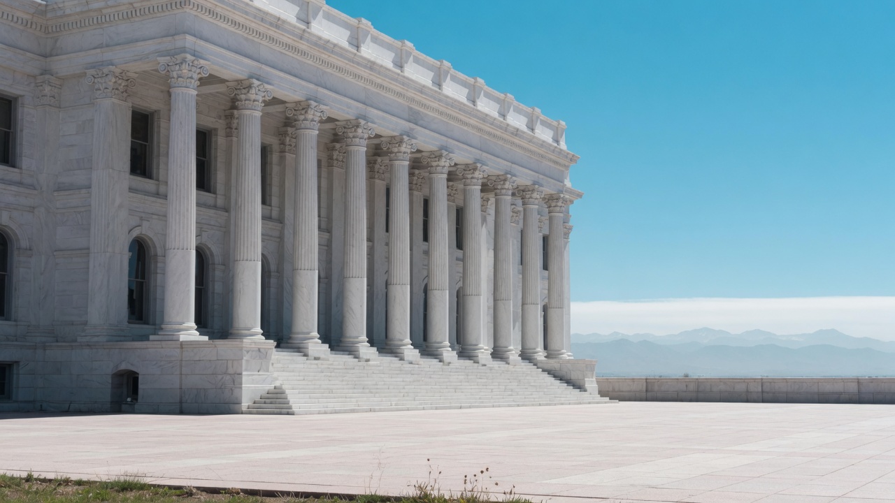 High-plains colonnade — educational cover (justice civic, American Future Type)