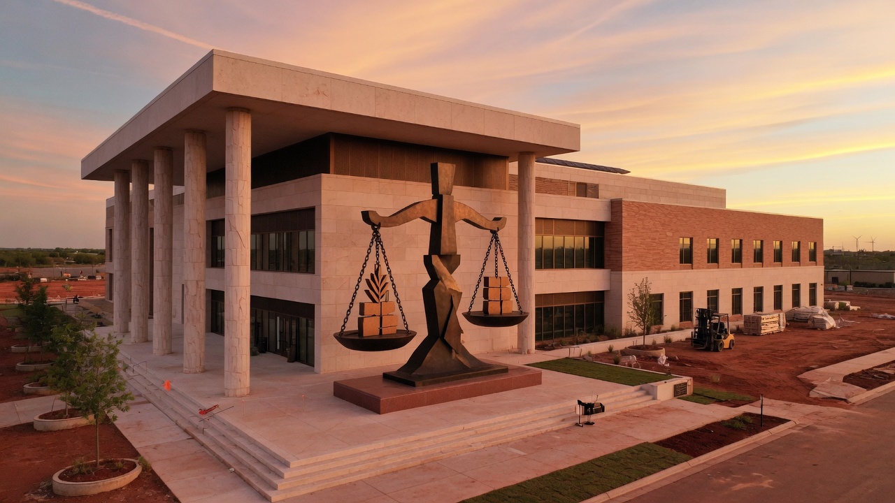 Oklahoma City red-earth justice house — educational cover (justice civic, American Future Type)