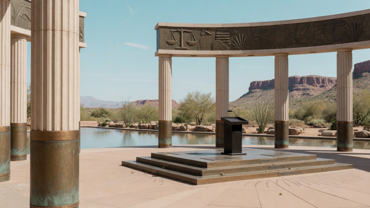 Desert civic forum — educational cover (justice civic, American Future Type)