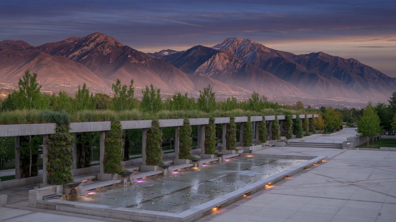 Wasatch civic forum at dusk — educational cover (justice civic, American Future Type)