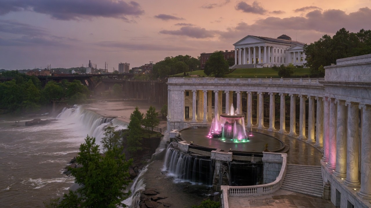 James River civic forum at the Richmond falls — educational cover (justice civic, American Future Type)
