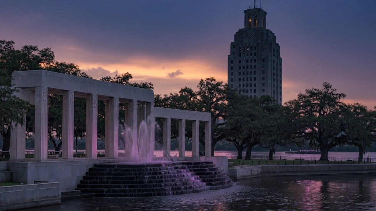 Mississippi River civic forum under the Baton Rouge tower — educational cover (justice civic, American Future Type)