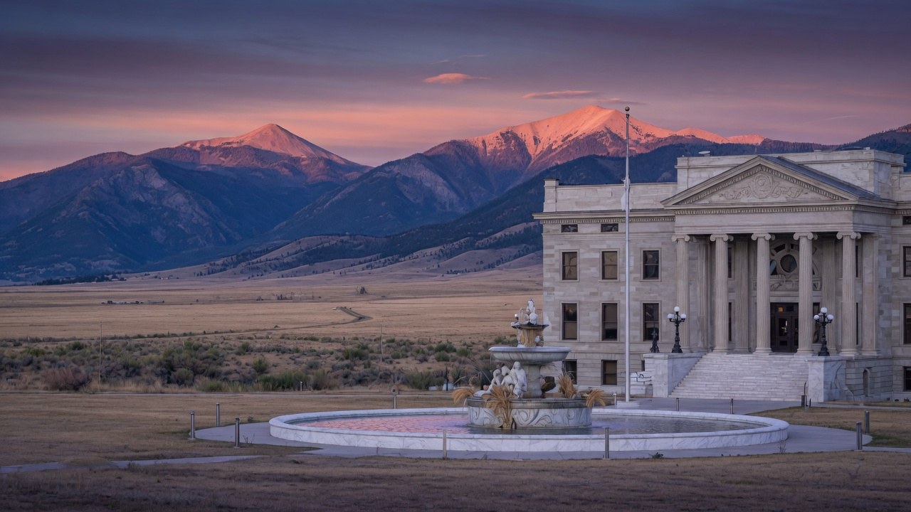 Helena civic forum in dry mountain light — educational cover (justice civic, American Future Type)
