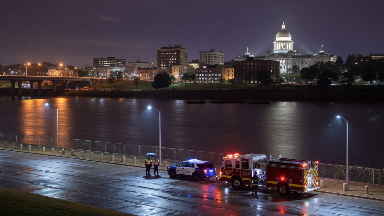 Arkansas River night-run — educational cover (city-run action, American Future Type)