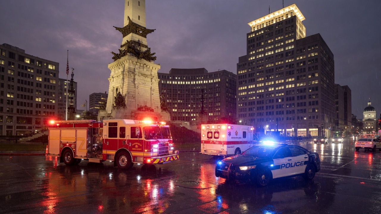 Monument Circle night-run — educational cover (city-run action, American Future Type)