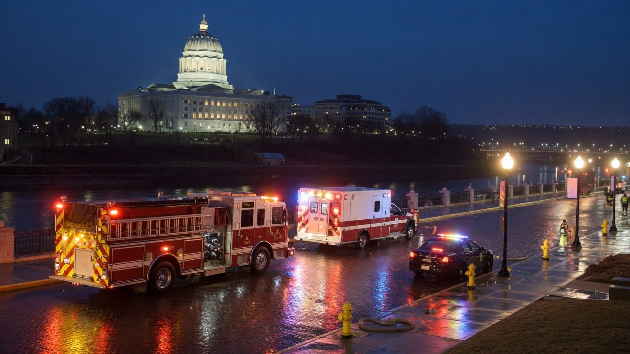 Missouri River night run under the capitol bluff — educational cover (city-run action, American Future Type)