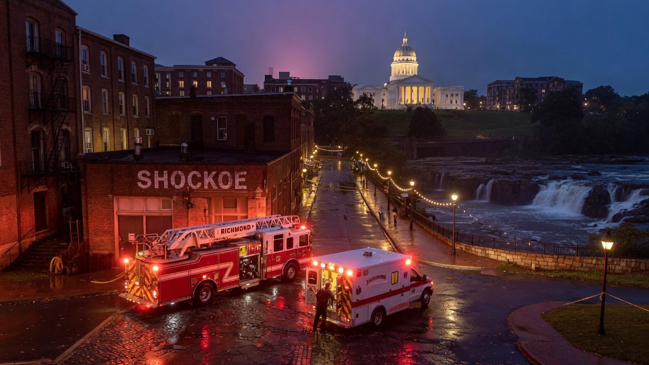 James River falls night run — educational cover (city-run action, American Future Type)