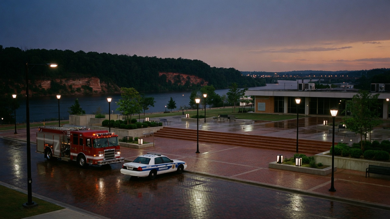 River-bluff civic plaza — educational cover (city-run action, American Future Type)