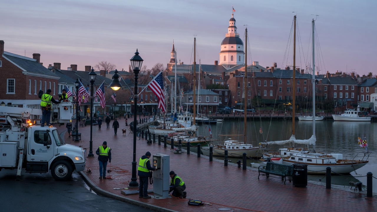 City Dock dawn civic — educational cover (city-run action, American Future Type)