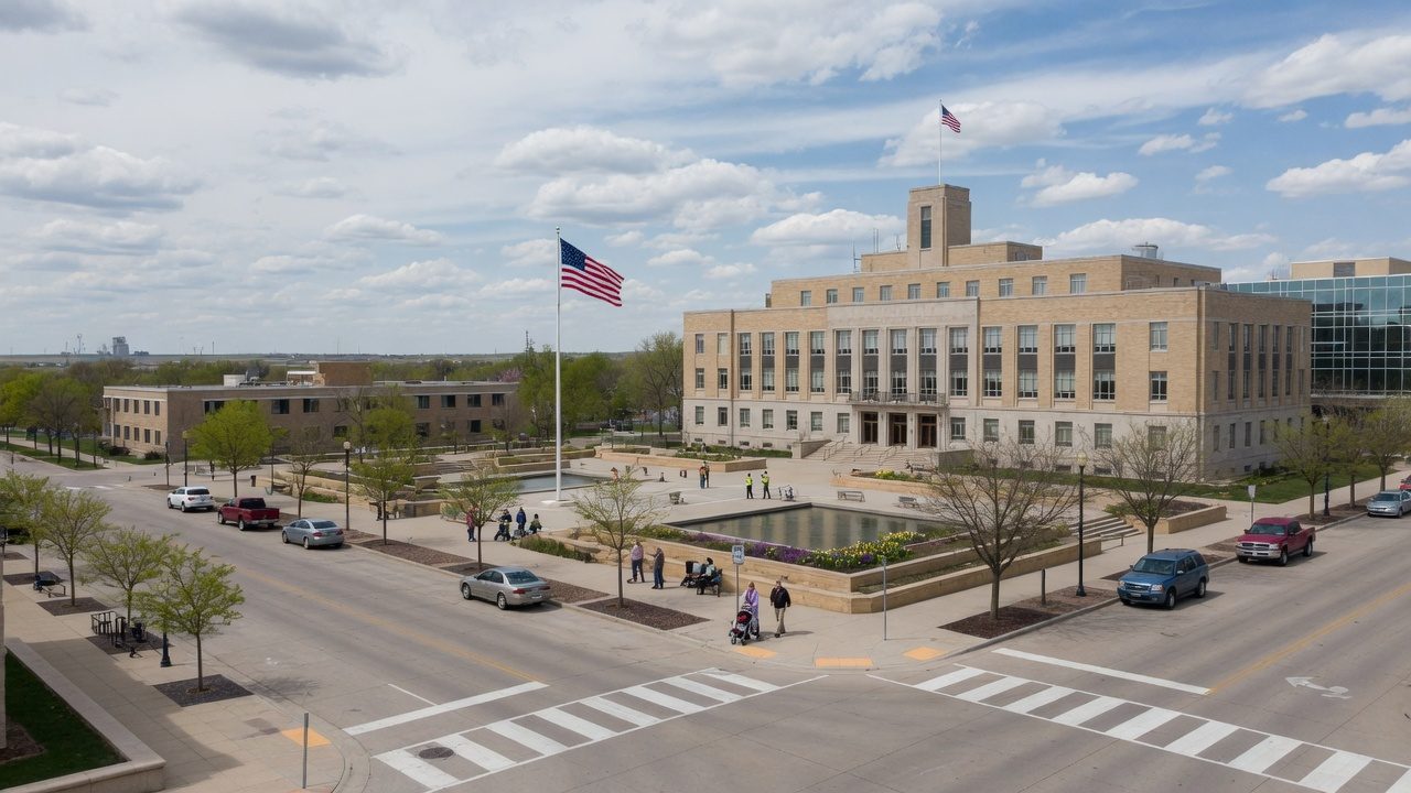 Prairie civic plaza in May light — educational cover (city-run action, American Future Type)
