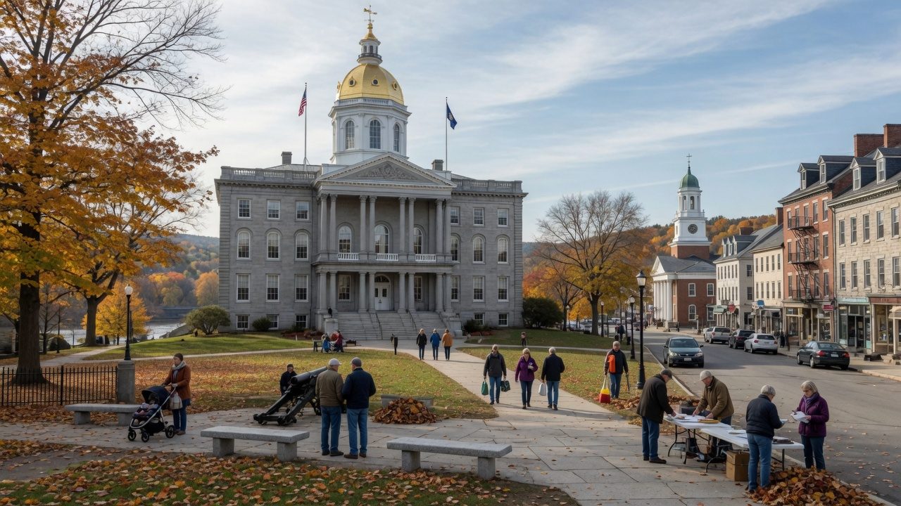 State House plaza autumn civic — educational cover (city-run action, American Future Type)
