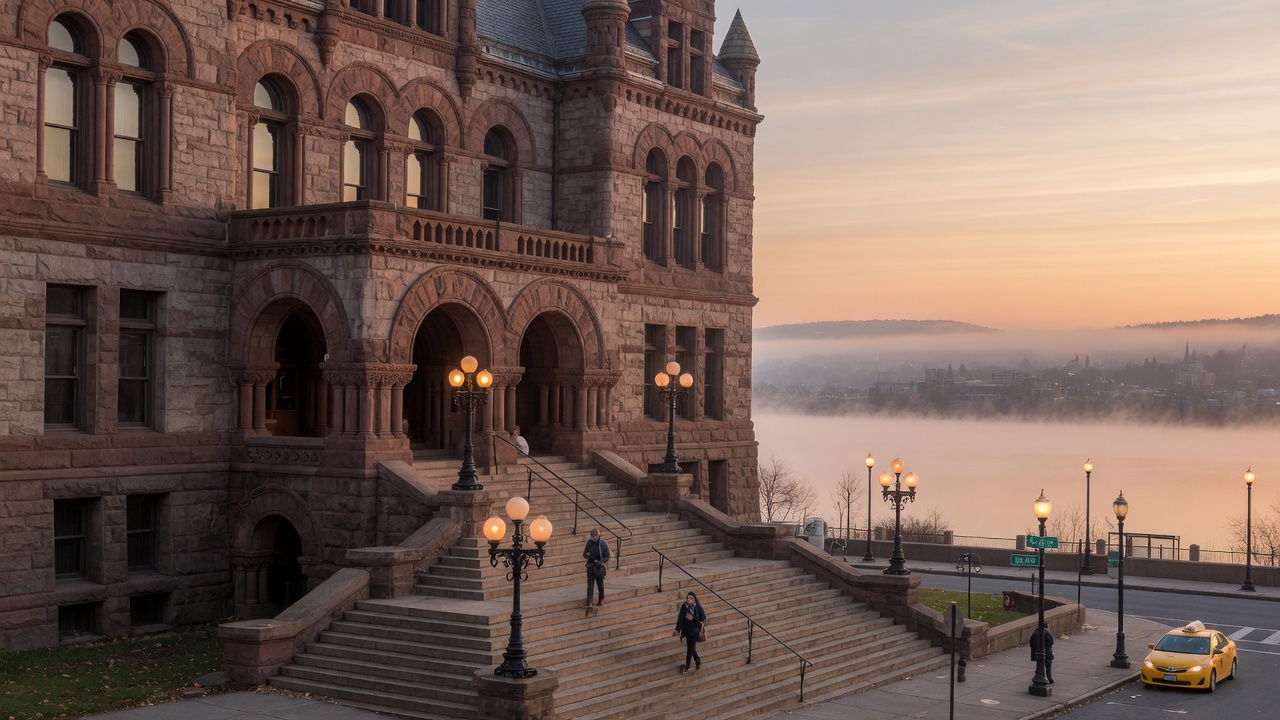 City Hall dawn civic — educational cover (city-run action, American Future Type)