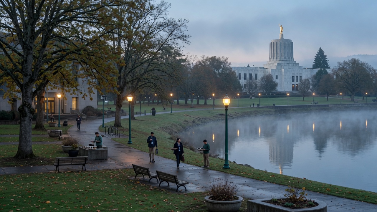 Riverfront dawn civic — educational cover (city-run action, American Future Type)