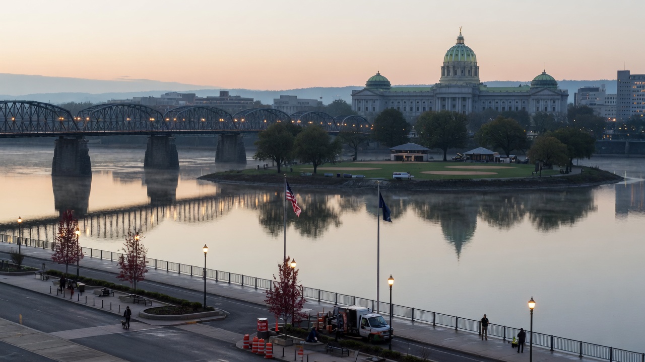 Riverfront dawn civic — educational cover (city-run action, American Future Type)