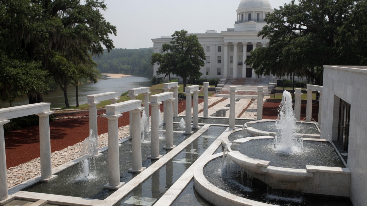 Goat Hill boule and Alabama River fountains — educational cover (Greek Senate, American Future Type)