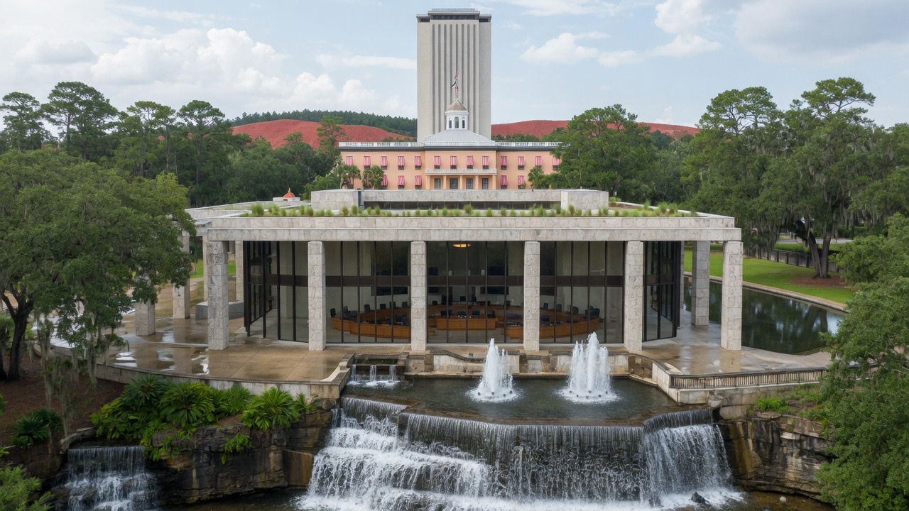 Cascades Park boule and Red Hills capitol — educational cover (Greek Senate, American Future Type)