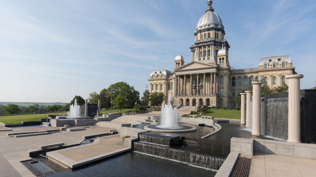 Sangamon boule and prairie-dome fountains — educational cover (Greek Senate, American Future Type)