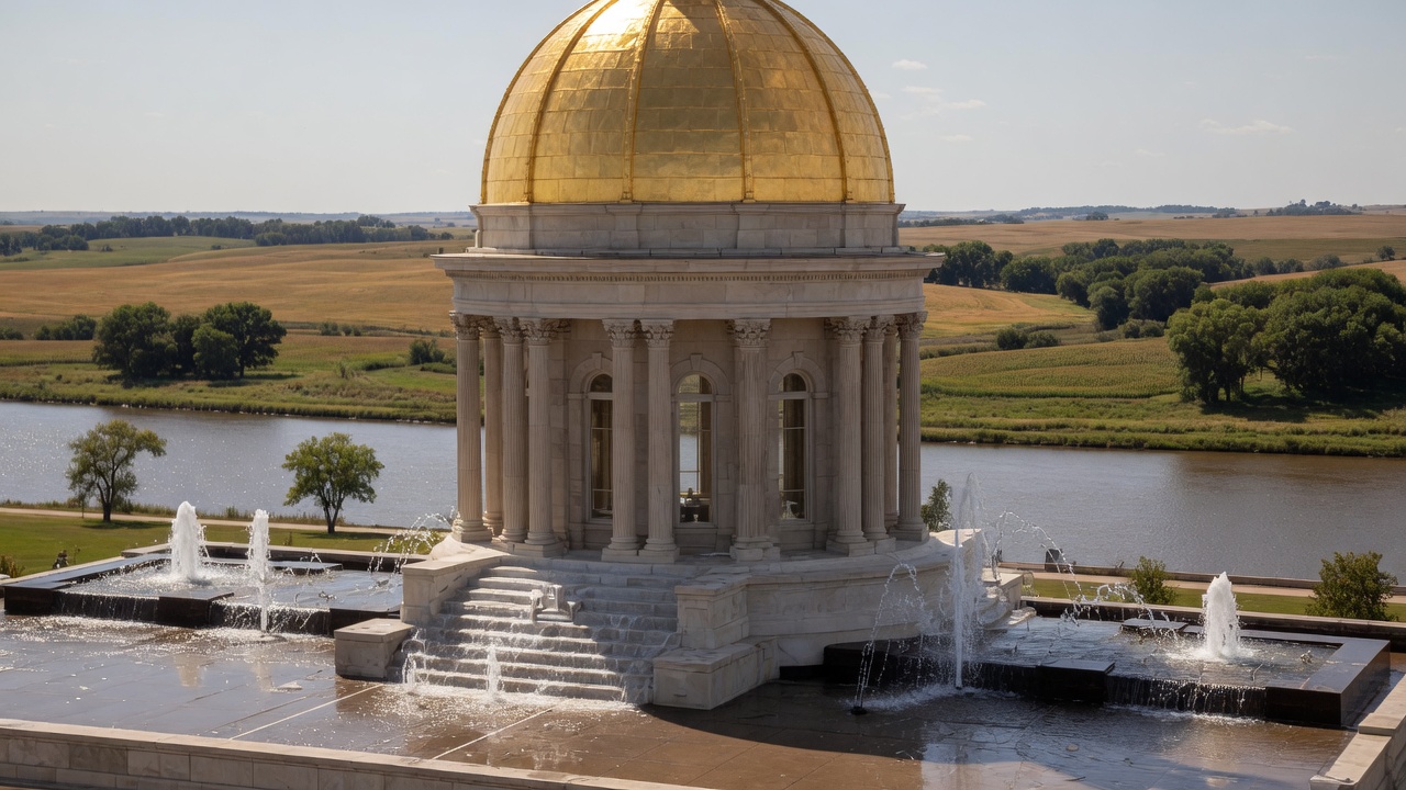 Des Moines gold-dome boule and prairie fountains — educational cover (Greek Senate, American Future Type)