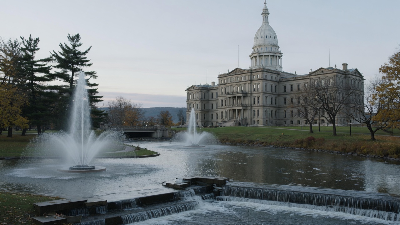 Lansing Grand River boule and Capitol fountains — educational cover (Greek Senate, American Future Type)