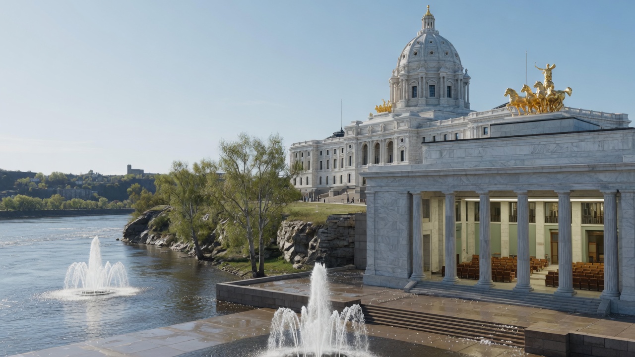 Saint Paul Mississippi-bluff boule and Capitol fountains — educational cover (Greek Senate, American Future Type)