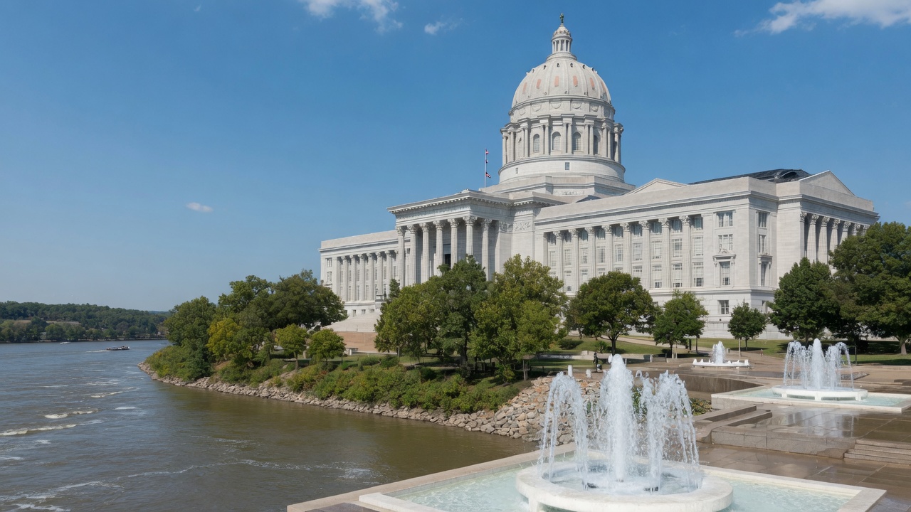 Jefferson City Missouri River-bluff boule and Capitol fountains — educational cover (Greek Senate, American Future Type)