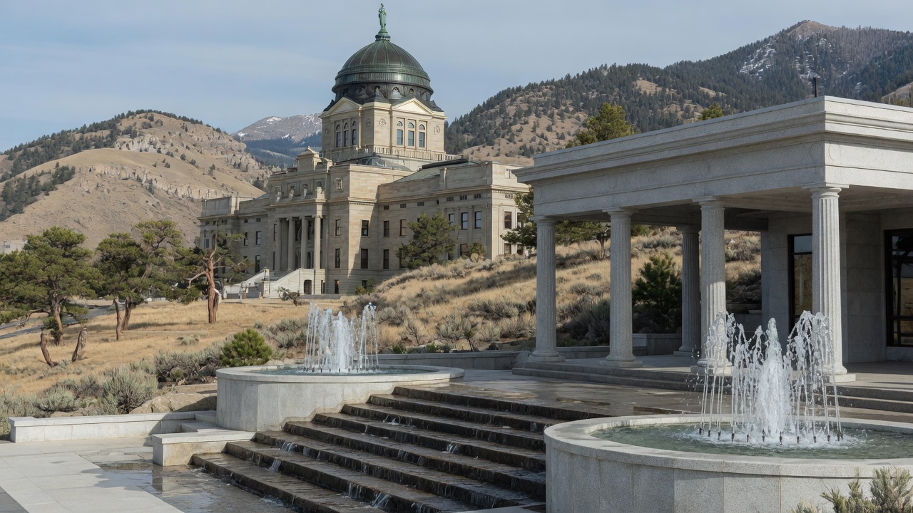 Helena Last Chance Gulch boule and Capitol fountains — educational cover (Greek Senate, American Future Type)
